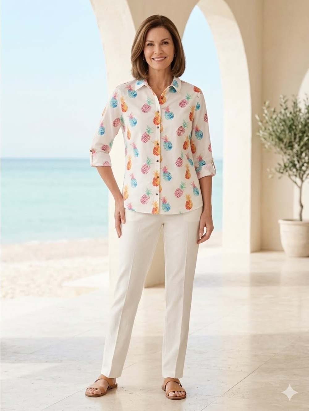 Chico's No-Iron Pineapple Print Button Down Shirt Size 2 Large Cotton Travel